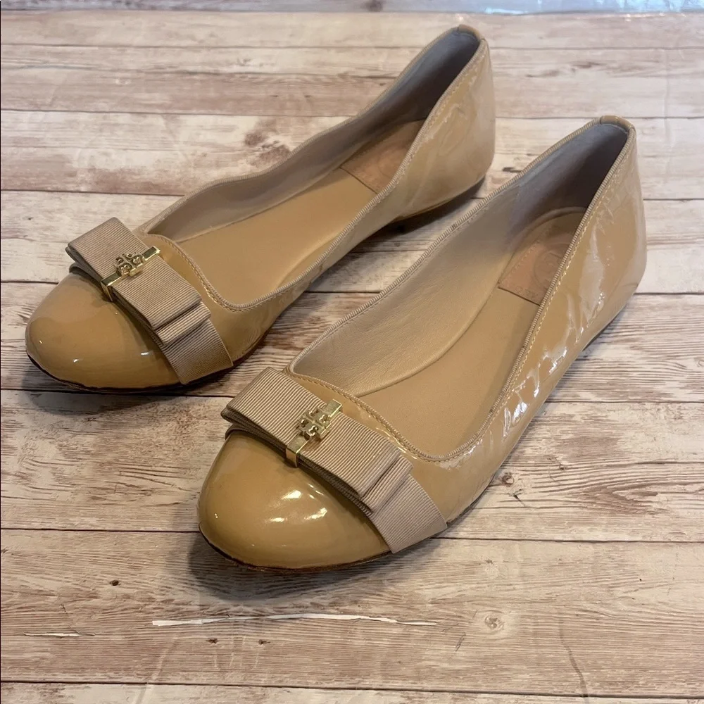 Tory Burch Tan Patent Flats with Gold Bow